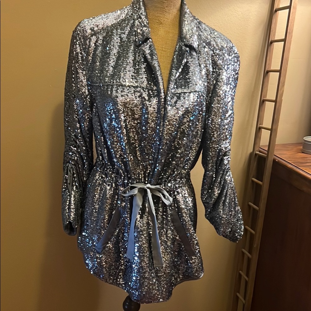 Cinq a sept Silver Sequin Jacket with Tie Waist